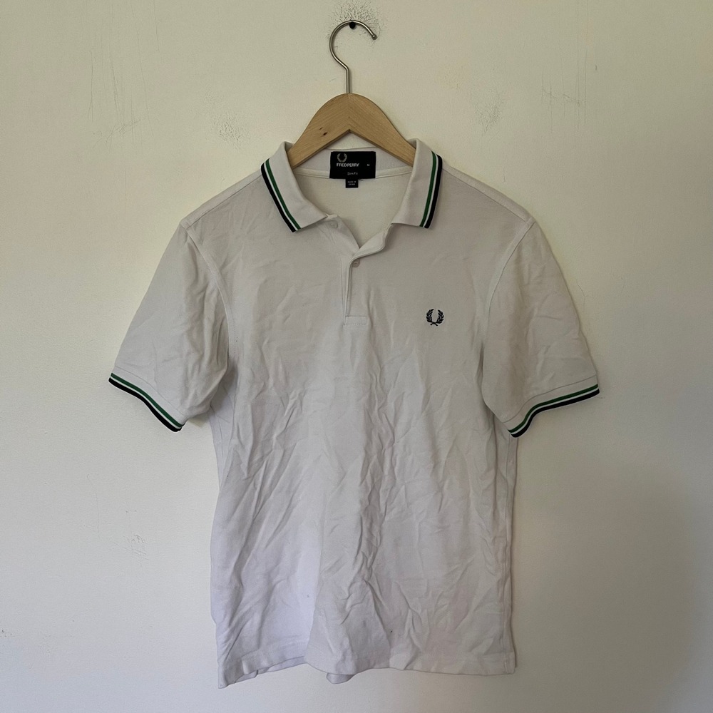 Fred Perry Mens Slim Fit Polo Shirt White Green Blue Tipped Size M